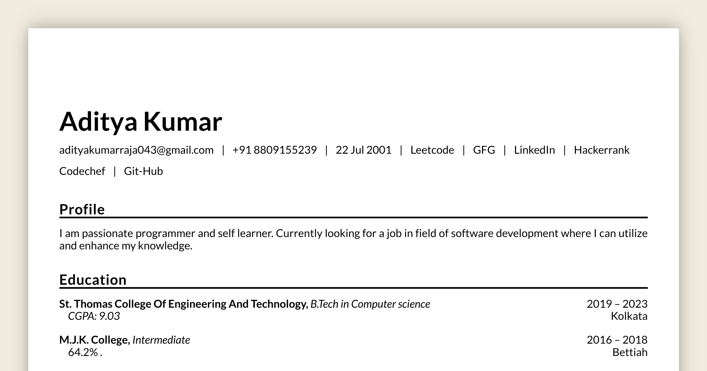Aditya kumar online resume