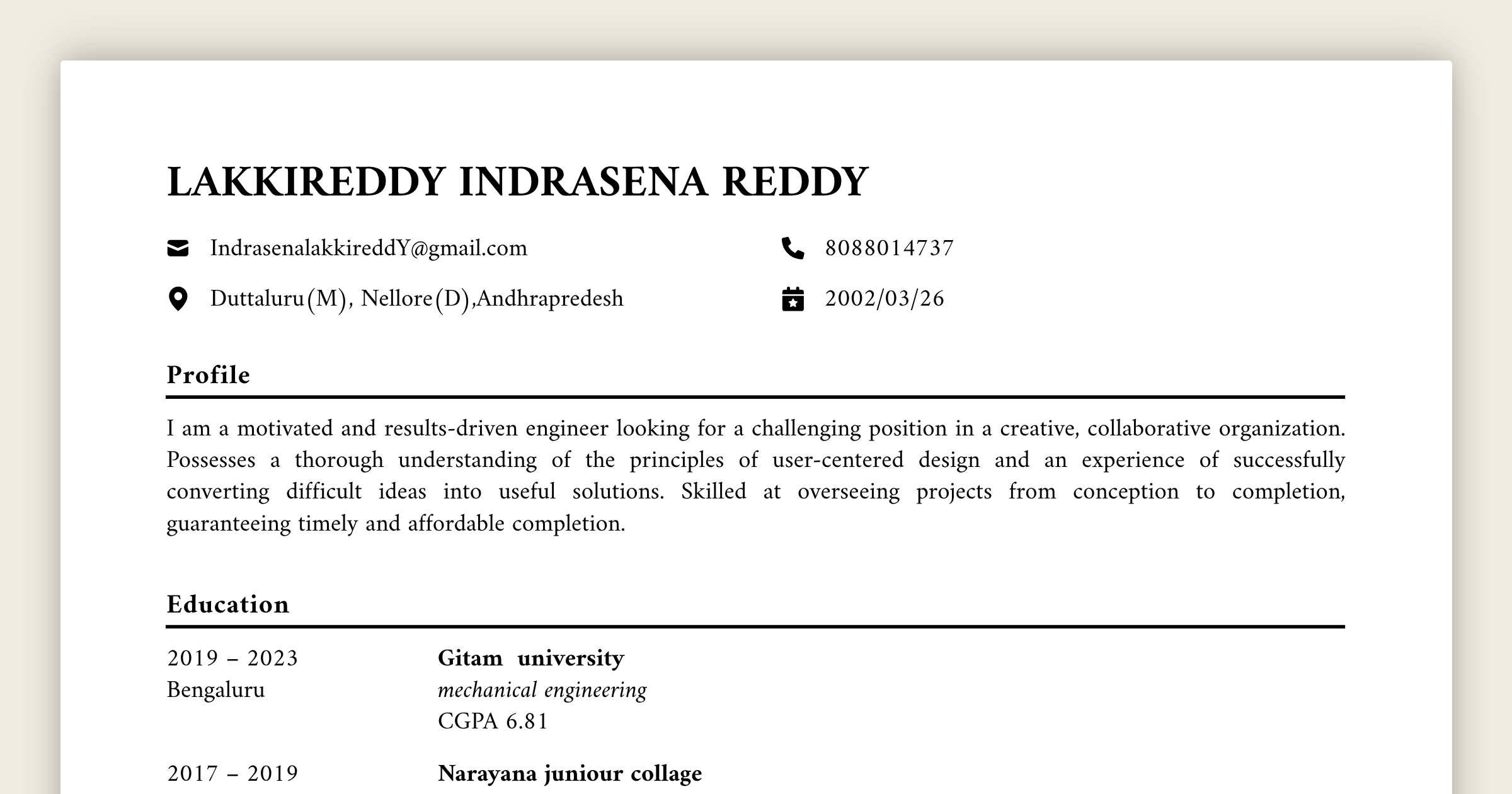 LAKKIREDDY INDRASENA REDDY – Online Resume